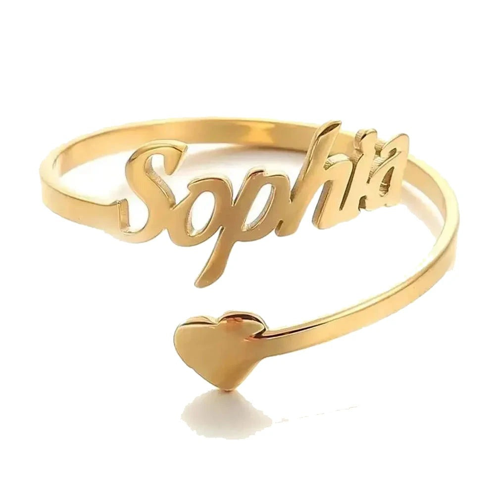 Anel de Casal com Coração e Nome Personalizado | Aço Inoxidável Banhado a Ouro